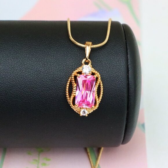 "Pink Rectangle Pendant with Gold Plated Brass and Crystal Accents, XPPT1681 - Picture 13 of 13